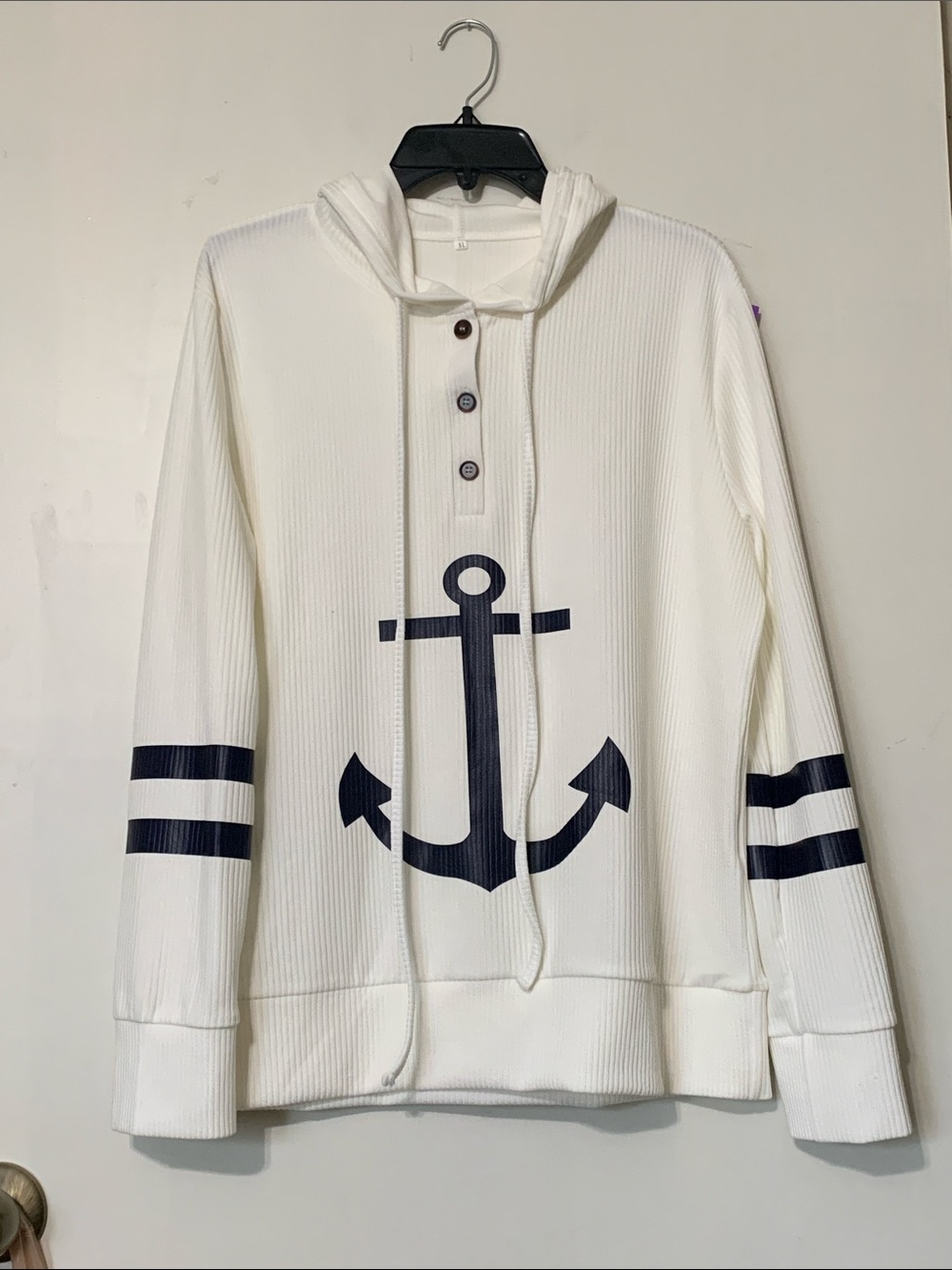 Men's White/Blue Anchor Hoodie Lightweight Sweater